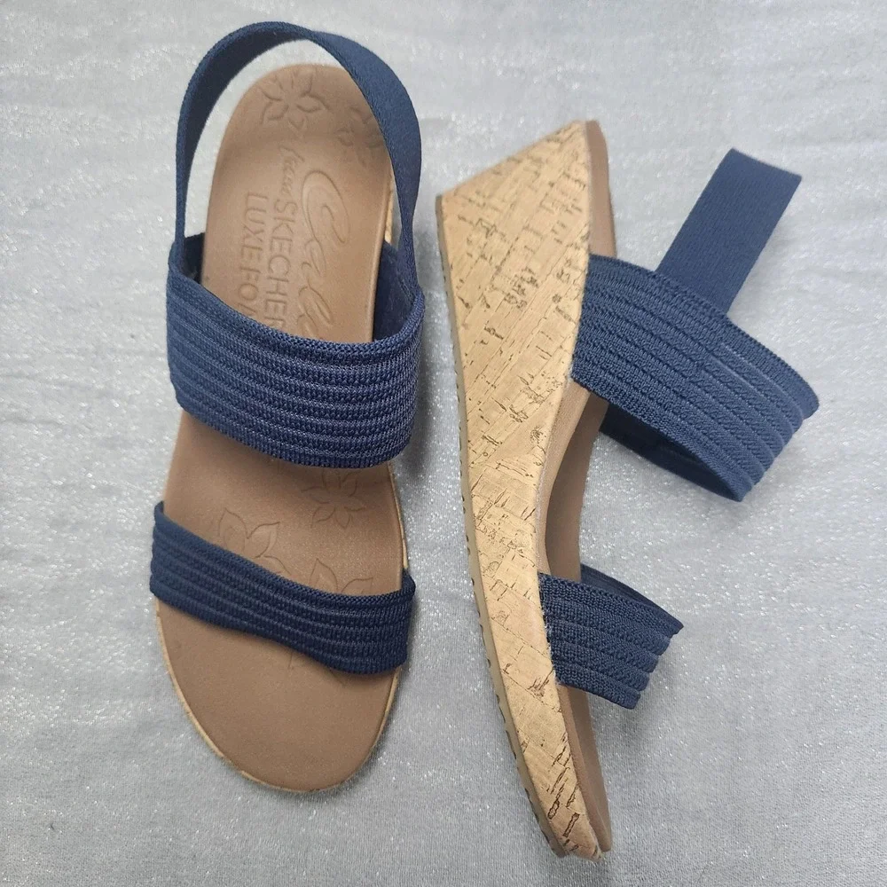 Skechers Cali Womens Beverlee Sheer Luck Navy Blue Wedge Sandals 10 Boho Resort